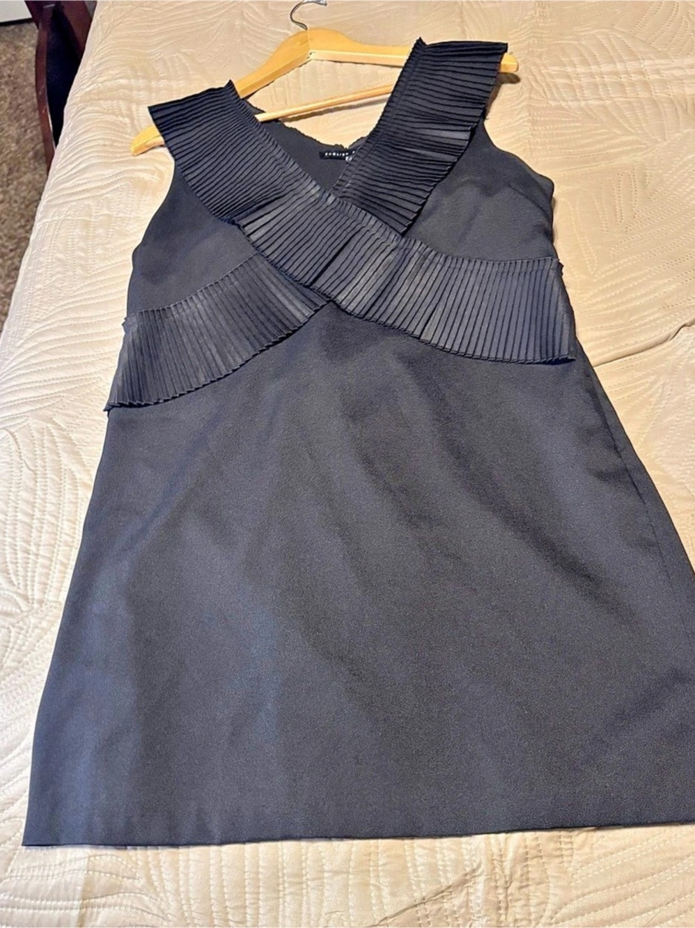English Factory Pleated Trim Mini Dress in Black. Size Large.
